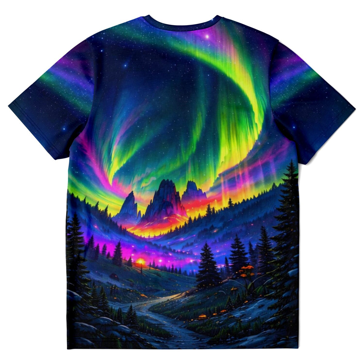T-Shirt mit buntem Polarlicht Motiv über Berglandschaft im Stil von Diamond Painting und Malen nach Zahlen Designs