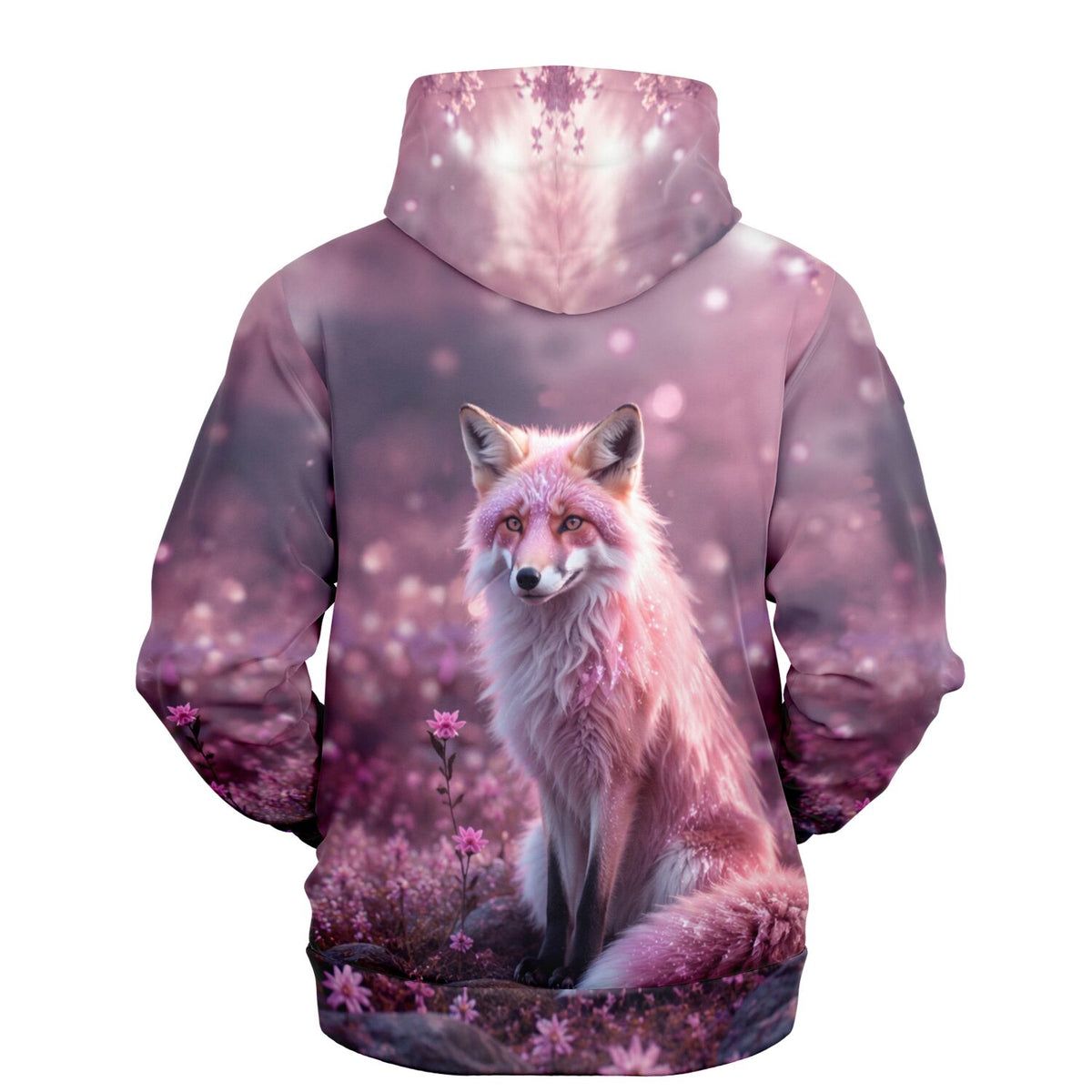Dreamer Hoodie Trixi mit künstlerischem Fuchs-Motiv in magischem Rosa, AOP-Design für Fans von kreativen DIY-Stilen
