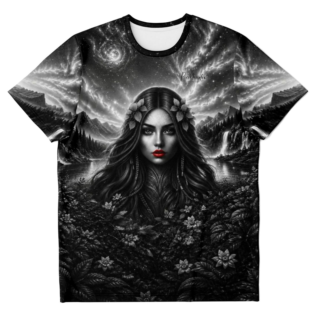 T-Shirt mit Kunstmotiv einer Frau mit roten Lippen vor mystischer Berglandschaft, passend zu Diamond Painting Design.
