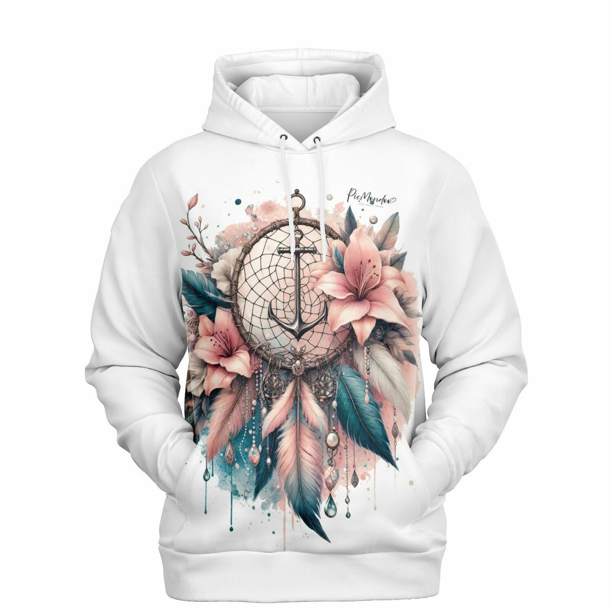 Weißer Hoodie mit Dreamer Anker Motiv, inspiriert von Diamond Painting Kunst und Pastellblumen, perfekt für kreative Fans.