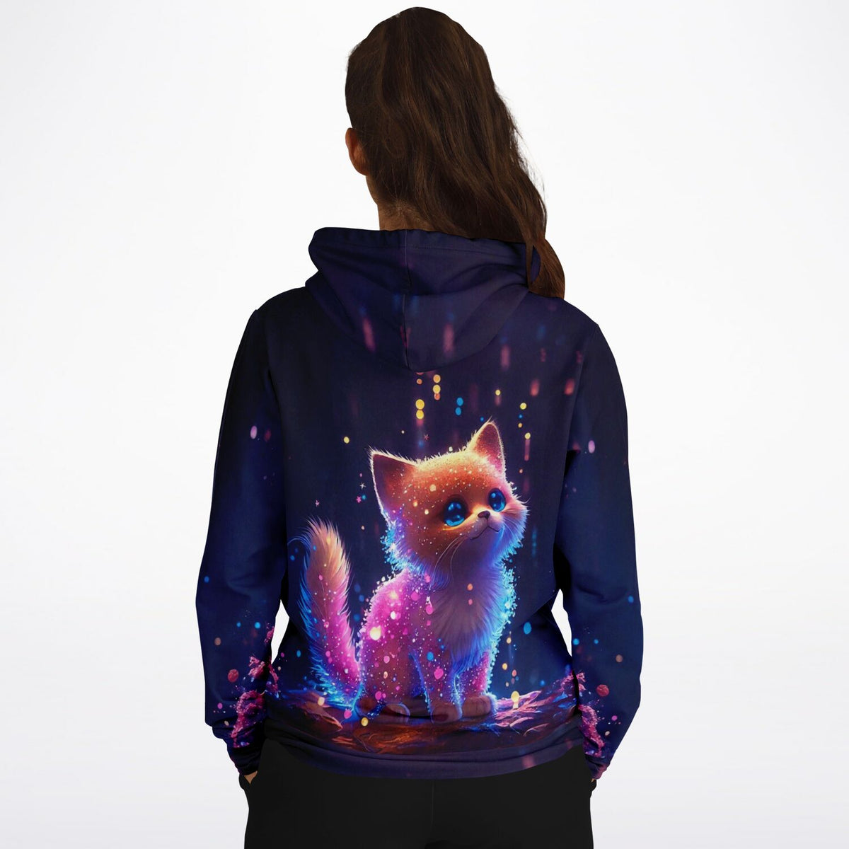 Dreamer Hoodie mit Leuchtbild-Motiv: Ein niedliches Zuckerkätzchen im Stil eines Diamond Painting Kunstwerks.