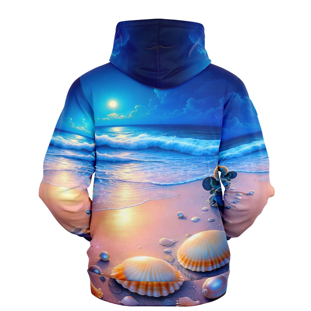 Dreamer Hoodie mit Strand Motiv bei Nacht, blaues Meer, Mondschein und Muscheln im All-Over-Print Design für Erwachsene