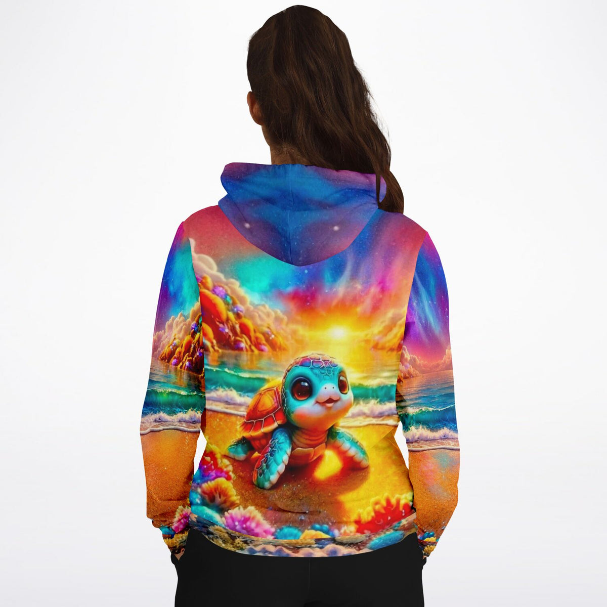 Dreamer Hoodie mit farbenfrohem Diamond Painting Motiv: Schildkröte am Funkelstrand, ideal für Diamond Painting Fans.