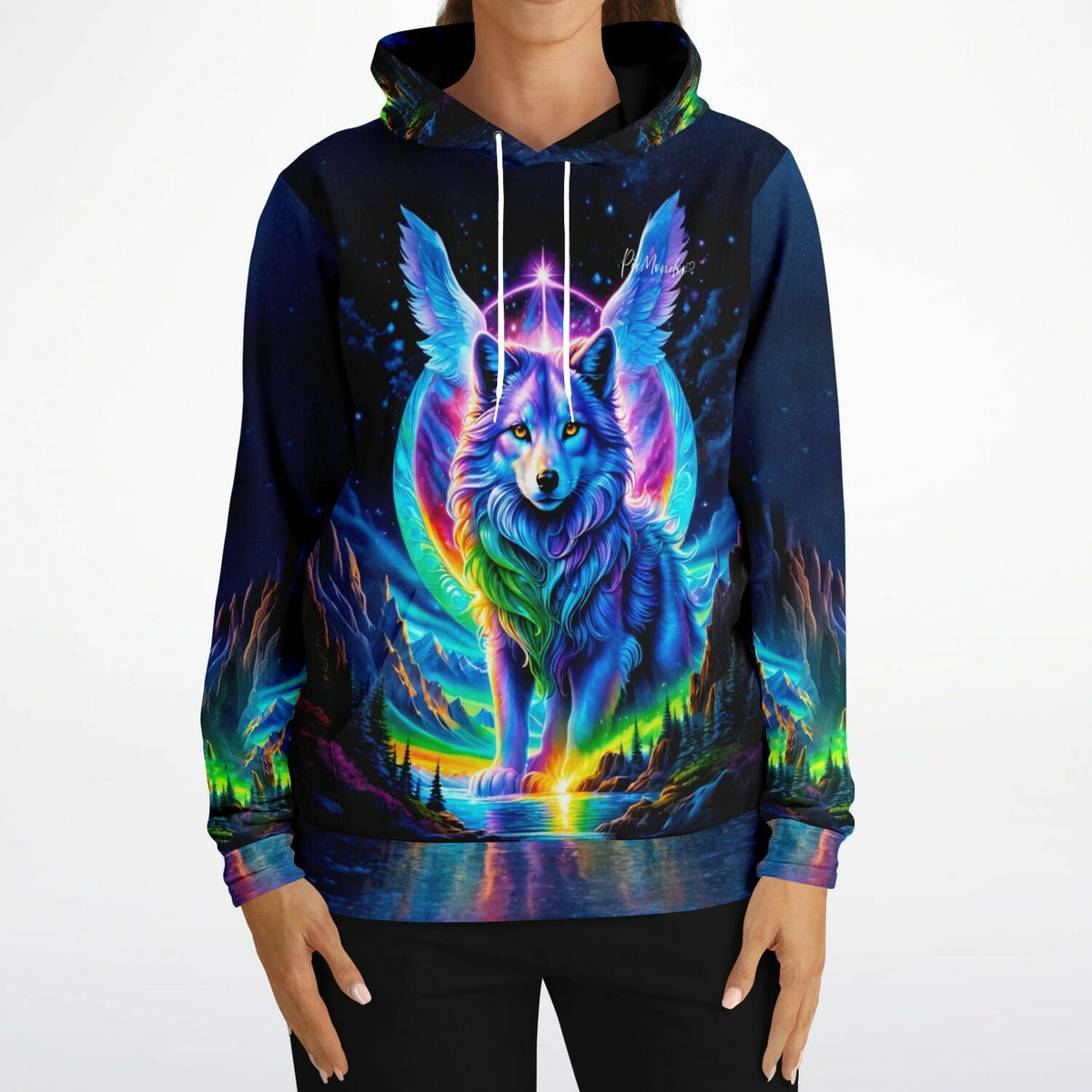 Dreamer Hoodie mit farbenfrohem geflügeltem Wolf im Stil eines Diamond Painting Motivs vor einer mystischen Berglandschaft.