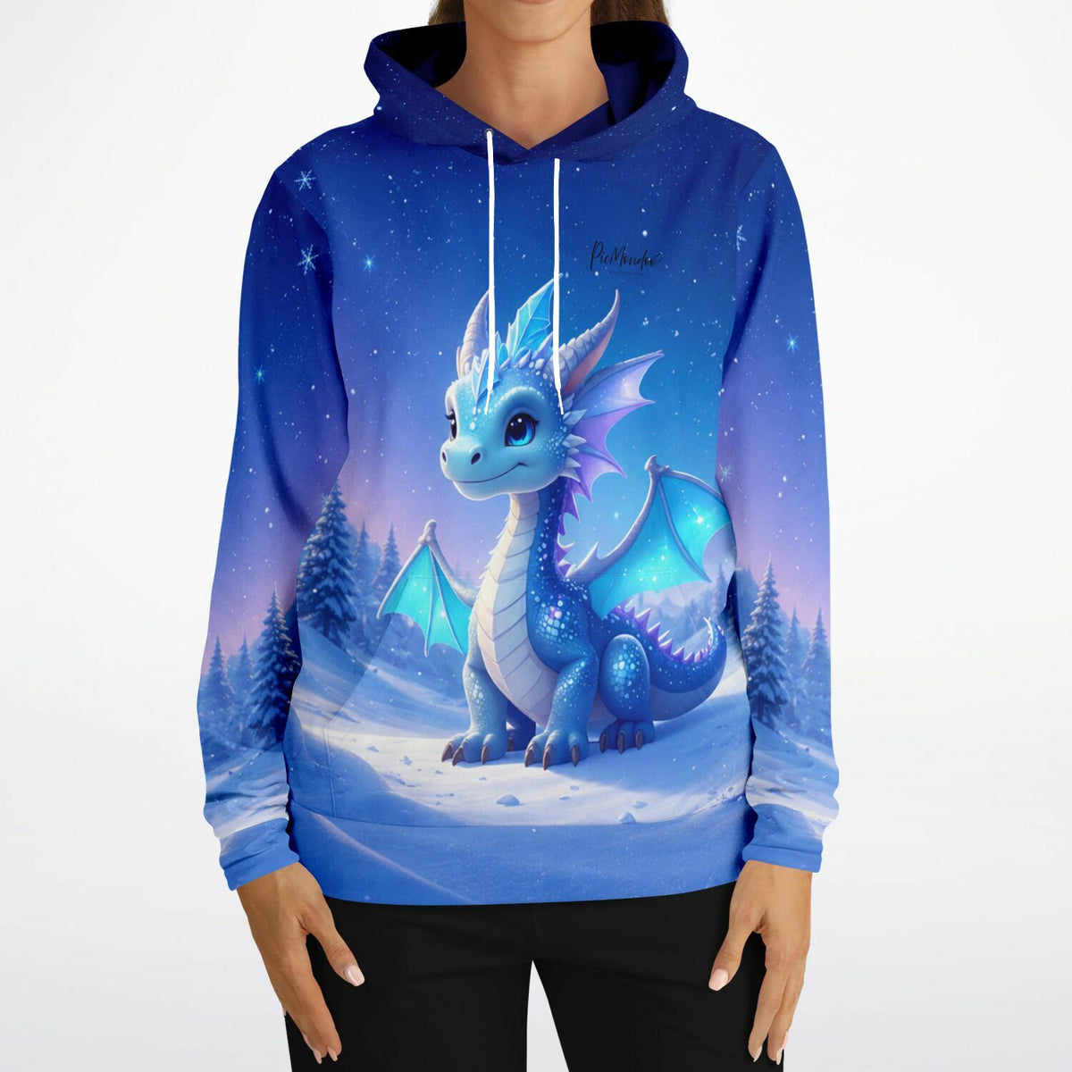 Blauer Dreamer Hoodie mit süßem Drachen Motiv im Winterwald Design für Fans von Diamond Painting und Kunststilen