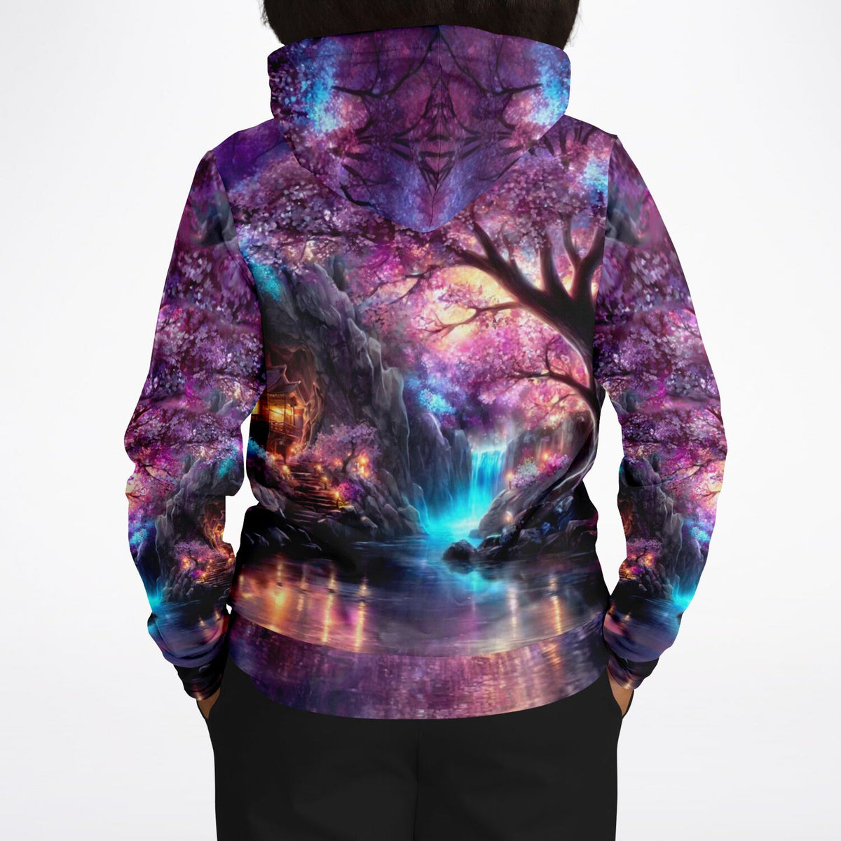 Dreamer Hoodie Licht der Sakura mit leuchtender Kirschblütenlandschaft, Wasserfall-Motiv für Diamond Painting Fans