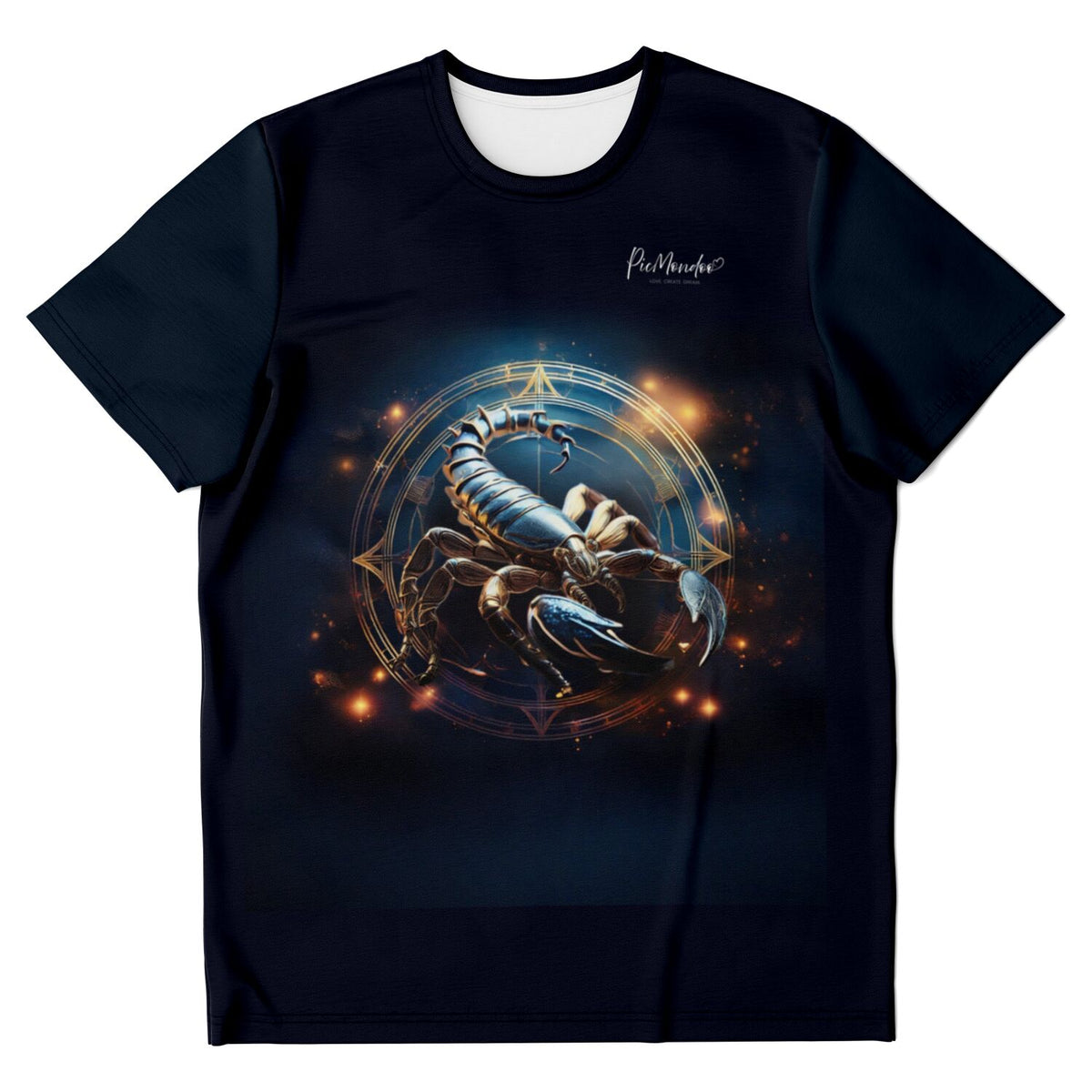 Schwarzes T-Shirt mit mystischem Skorpion-Motiv, Sternzeichen-Design inspiriert von Diamond Painting und Kunst
