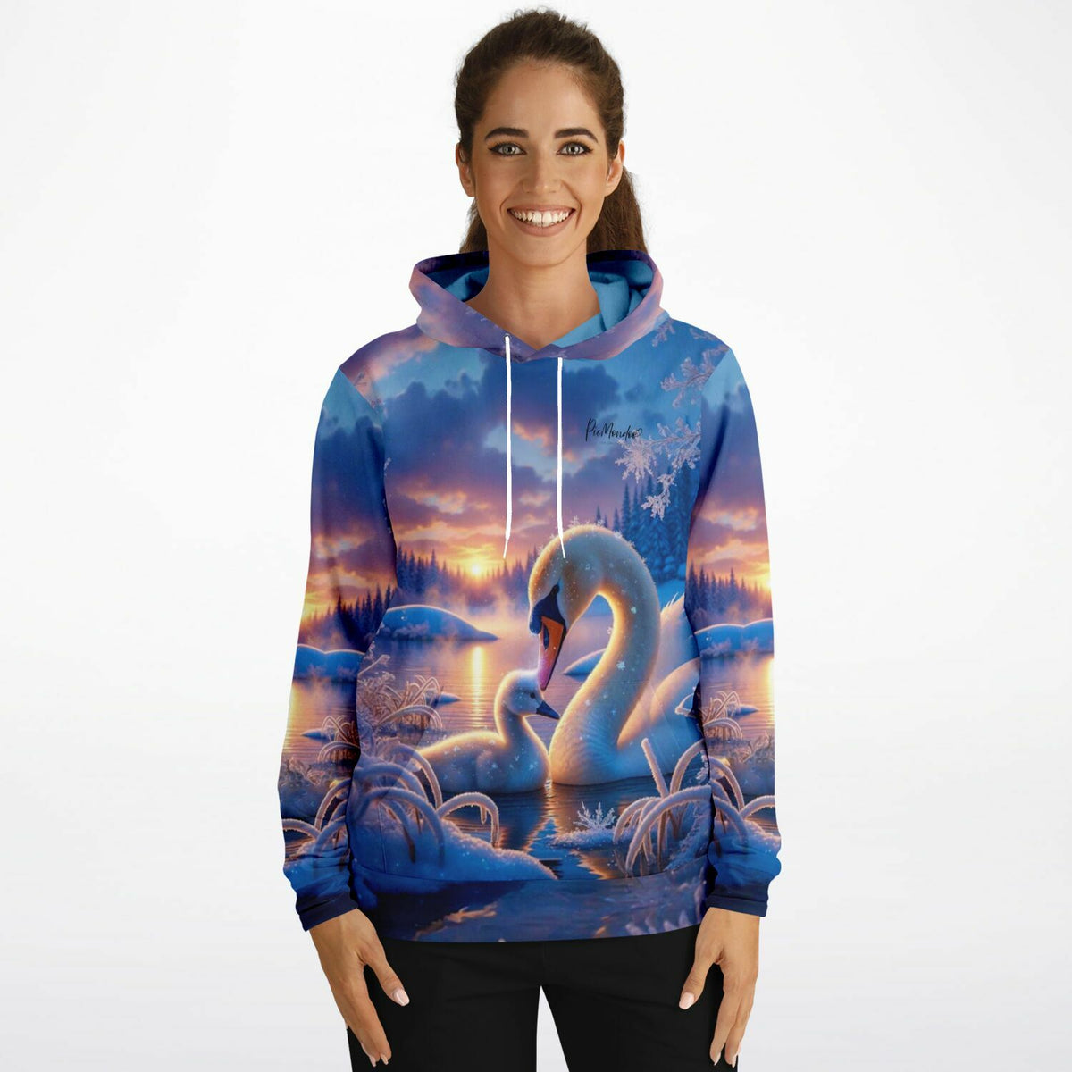 Frau trägt Hoodie mit Schwan-Motiv im Stil von Diamond Painting und Malen nach Zahlen für kreative DIY-Liebhaber
