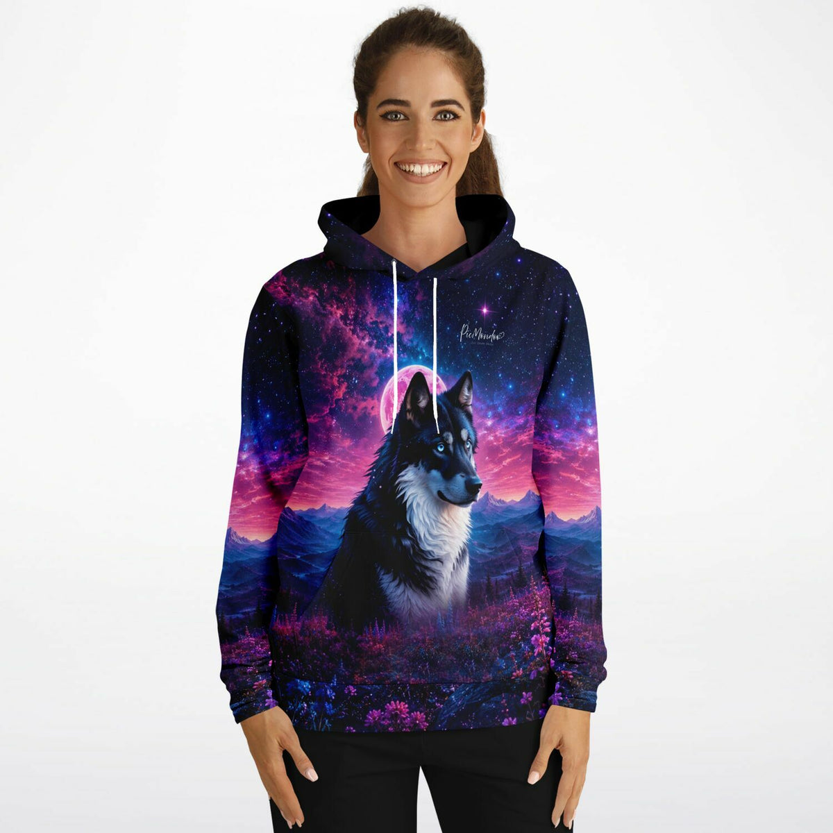 Dreamer Hoodie Unter dem Erdbeermond mit Wolf Motiv im Stil beliebter Diamond Painting und Malen nach Zahlen Vorlagen.
