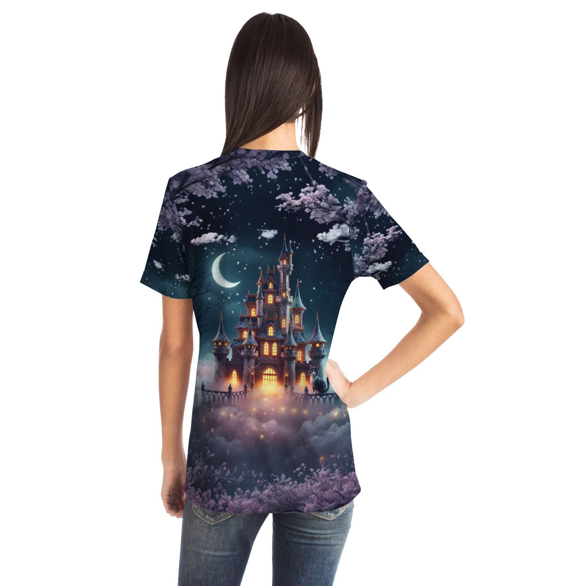 T-Shirt mit Nachtschloss Motiv im Stil von Diamond Painting und Malen nach Zahlen für Erwachsene