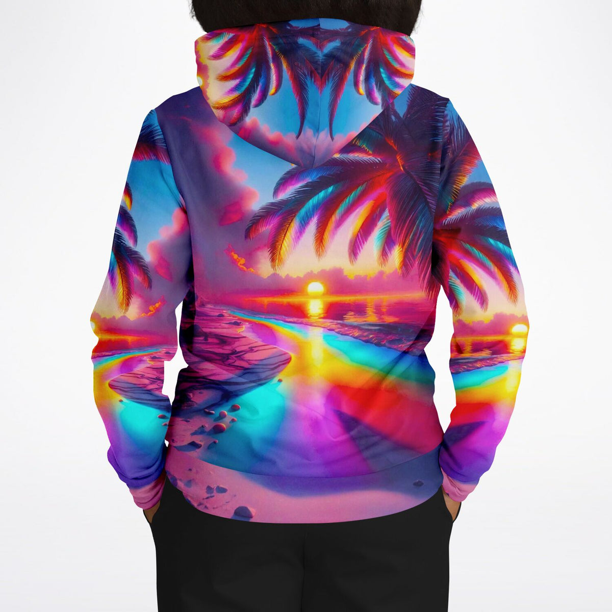 Hoodie mit buntem Zauberstrand-Motiv, inspiriert durch lebendige Diamond Painting Farben und tropische Sonnenuntergänge.