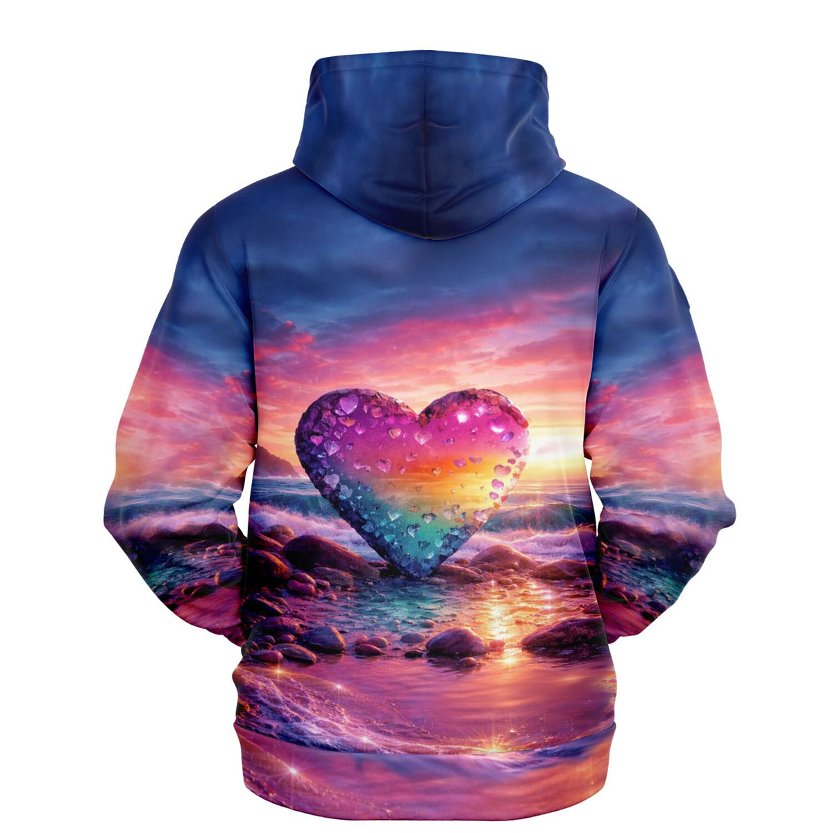Dreamer Hoodie mit glitzerndem Herz-Motiv im Stil eines Diamond Painting Kunstwerks bei Sonnenuntergang