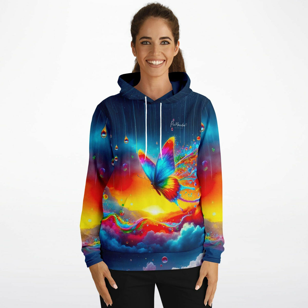 Dreamer Hoodie mit farbenfrohem Schmetterling-Motiv in Regenbogenfarben, inspiriert von Diamond Painting Kunstdesigns.