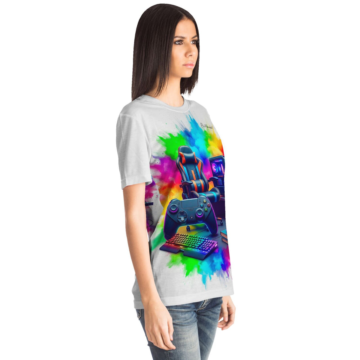 Weißes T-Shirt für Gamer mit buntem Gaming Zone Motiv, Controller, Tastatur und Gaming-Stuhl als stylisher Print