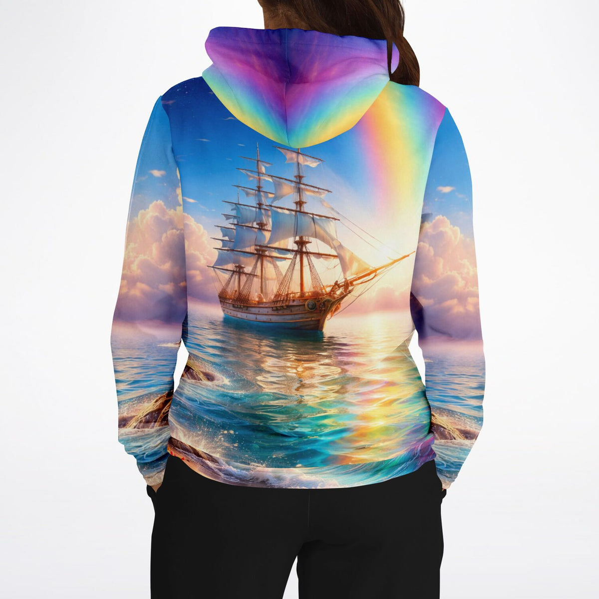 Dreamer Hoodie mit Segelschiff-Motiv bei Sonnenuntergang und Regenbogen für Fans von Diamond Painting und Kunst