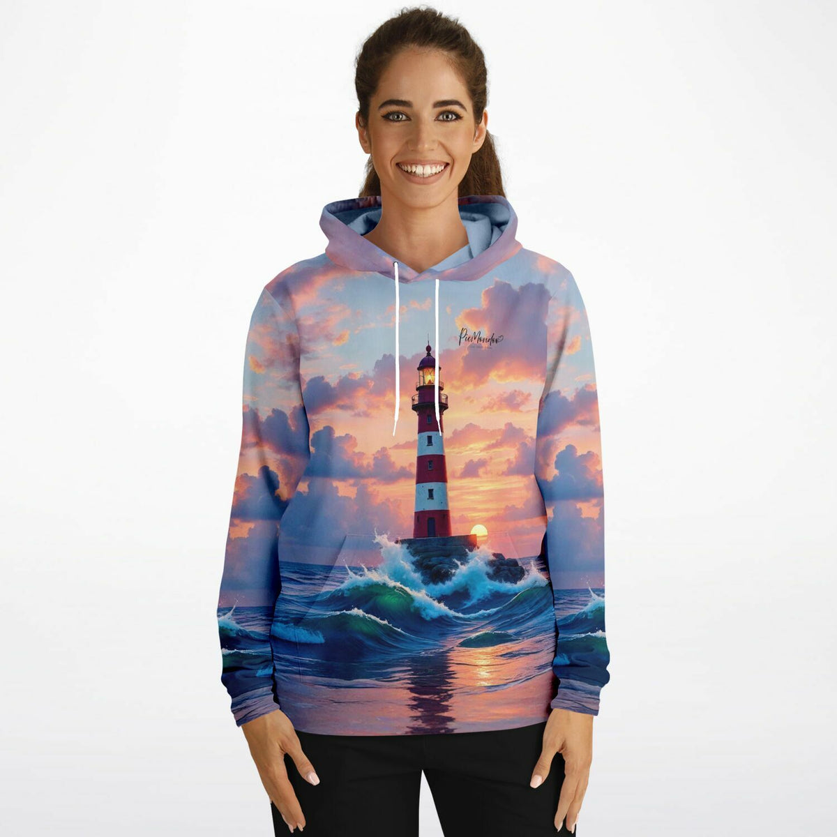 Frau trägt Dreamer Hoodie mit Leuchtturm-Motiv im Stil von Diamond Painting und Malen nach Zahlen für Erwachsene