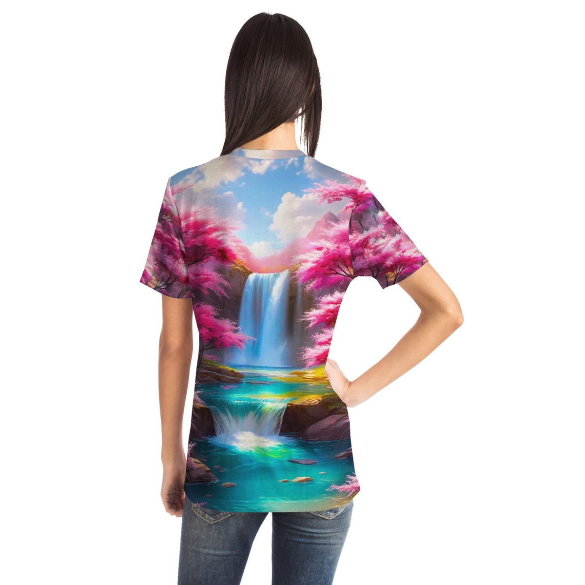 T-Shirt mit Kirschblüten am Wasserfall wie in Malen nach Zahlen Motiven, ideal für Fans von kreativen DIY-Kunstwerken.
