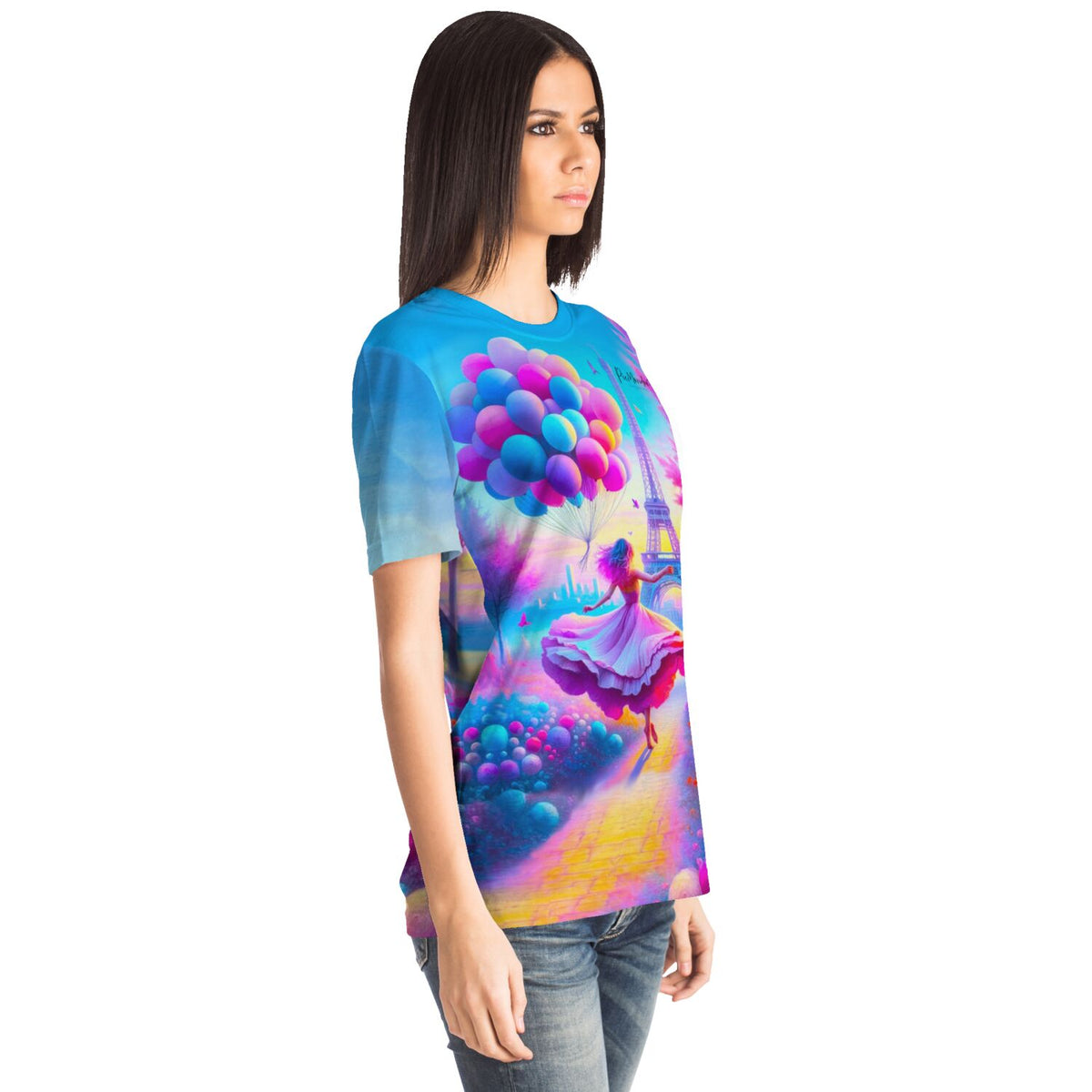Dreamer T-Shirt Paris mit Frau und Luftballons im Stil von Malen nach Zahlen und Diamond Painting Designs