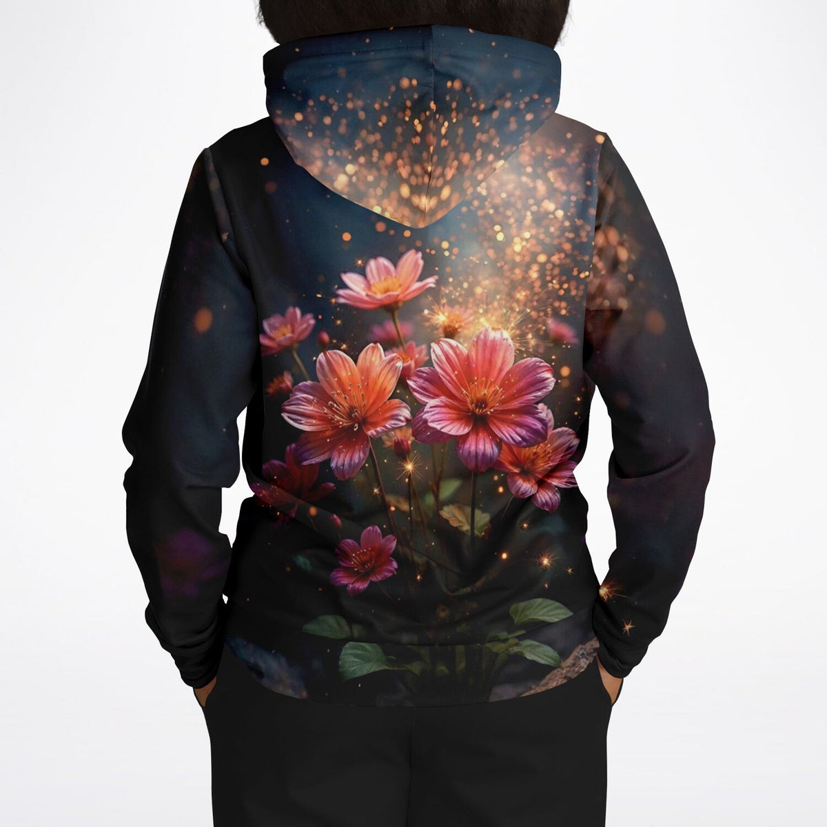 Schwarzer Dreamer Hoodie mit glitzerndem Blumen-Motiv im Stil von Diamond Painting und Malen nach Zahlen Kunst
