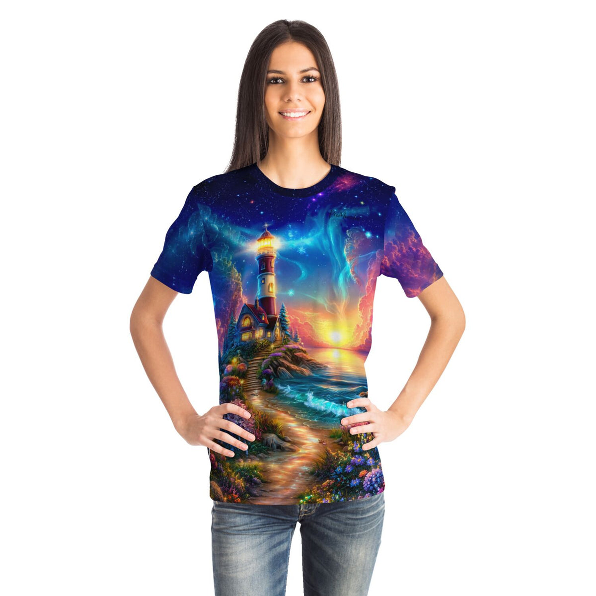 Frau trägt T-Shirt mit Leuchtturm-Motiv im Stil von Diamond Painting und Malen nach Zahlen für kunstbegeisterte Erwachsene