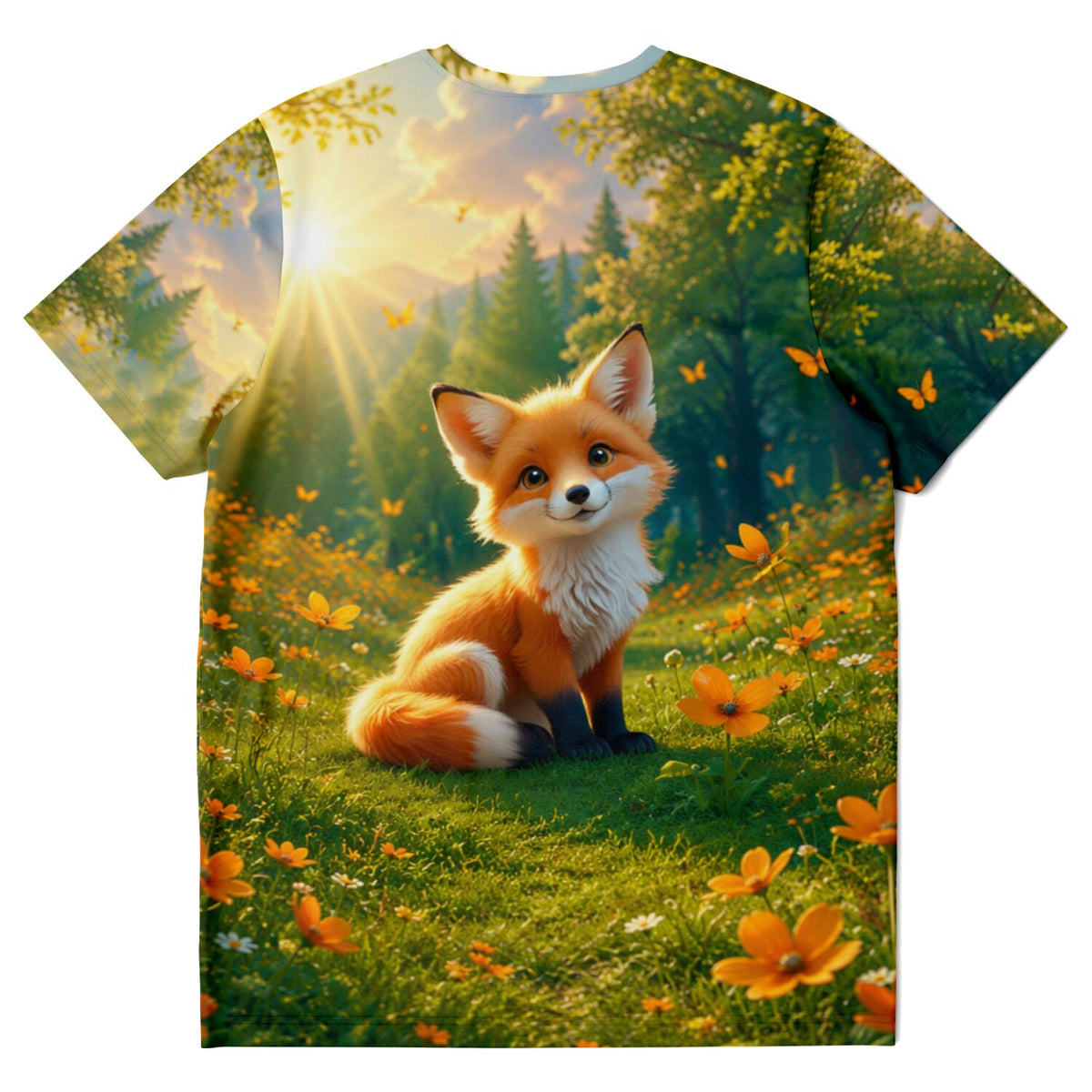 T-Shirt mit süßem Foxy Casper Motiv, einem Fuchswelpen in einer Blumenwiese, inspiriert durch Diamond Painting Kunst.
