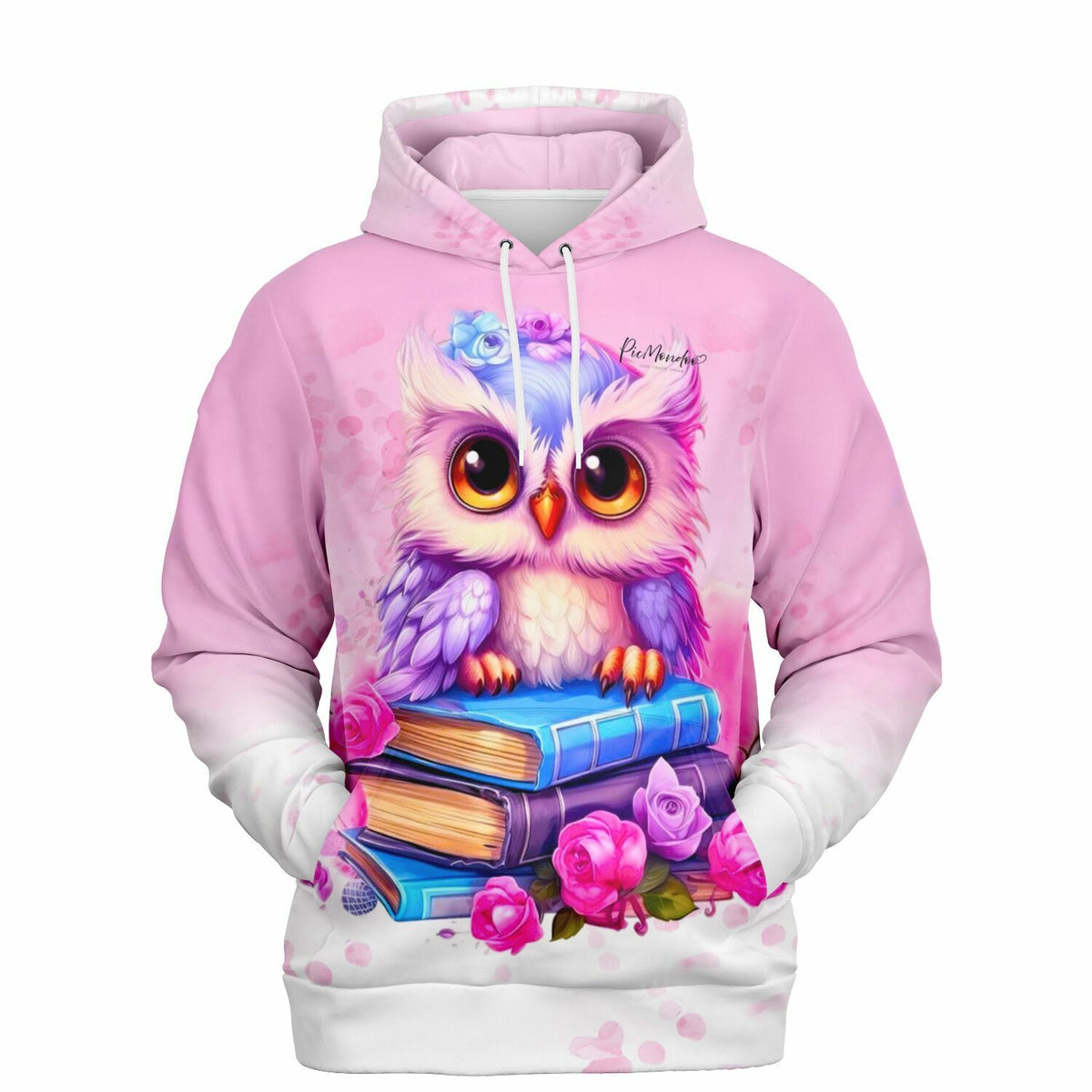 Rosa Dreamer Hoodie mit niedlichem Eulen-Print auf Büchern, passend zum künstlerischen Design von Diamond Painting Sets.