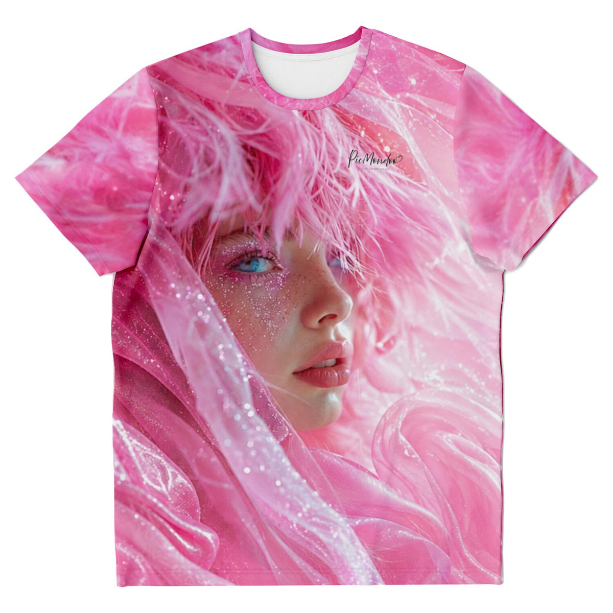 Pink Dream T-Shirt mit Diamond Painting Motiv und glitzerndem Porträt einer Frau in rosa Tüll