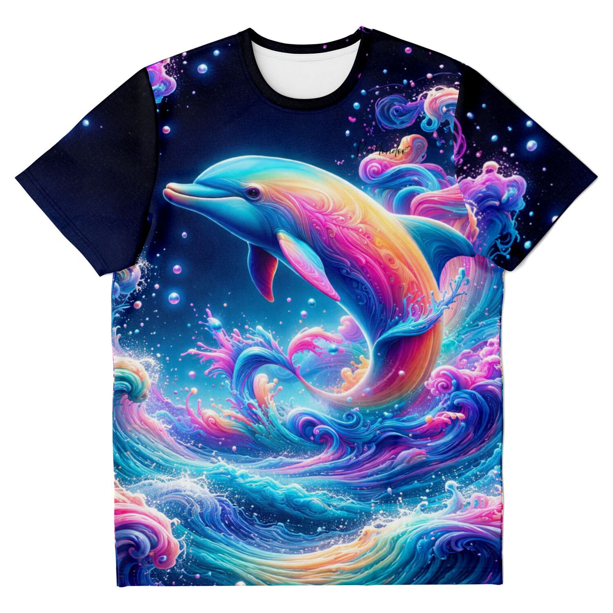 T-Shirt mit buntem Delfin-Motiv im Farbenmeer, inspiriert von Diamond Painting und Malen nach Zahlen Kunststilen.