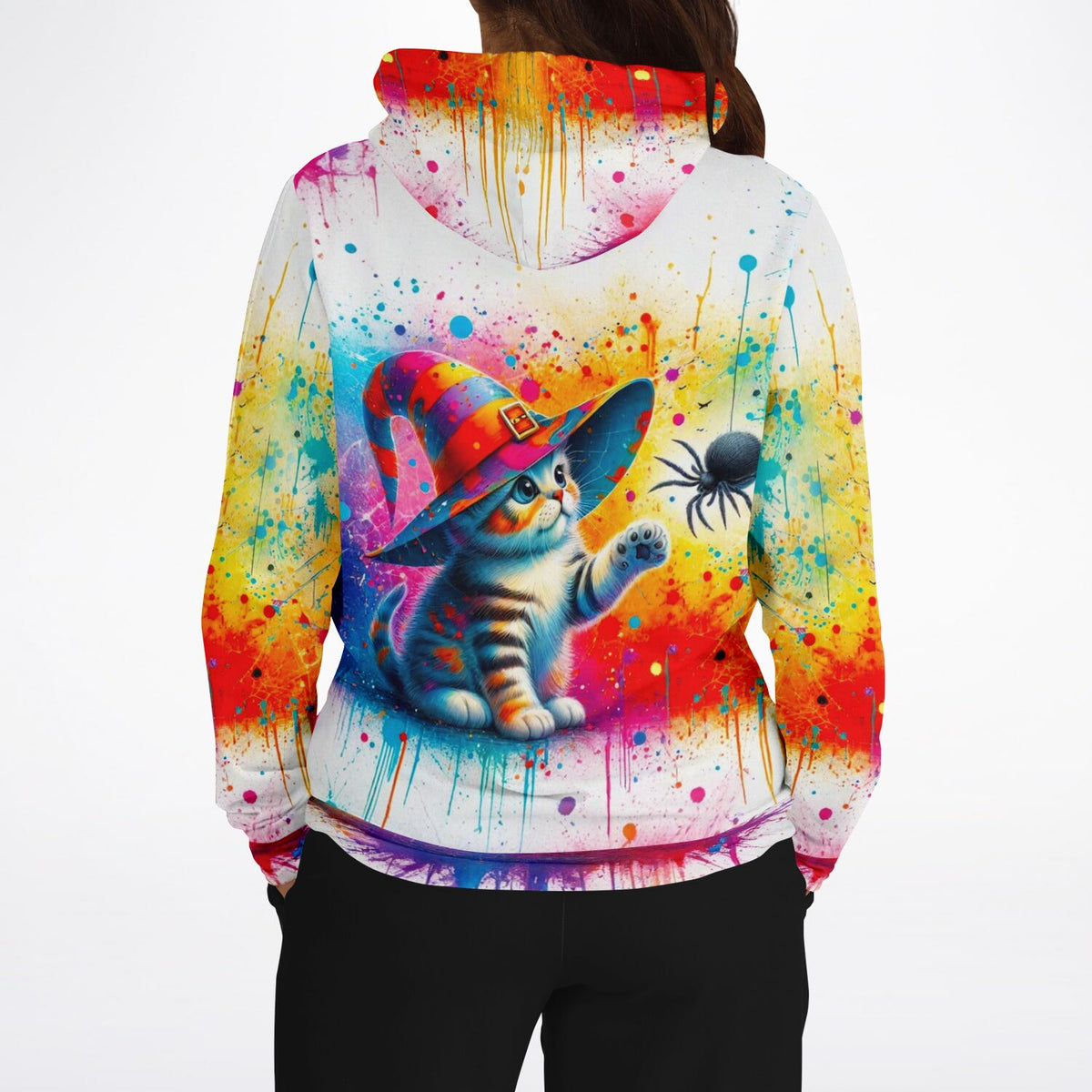 Hoodie mit buntem Aquarell-Motiv einer Zauberkatze mit Hexenhut, inspiriert durch unsere beliebten Diamond Painting Sets