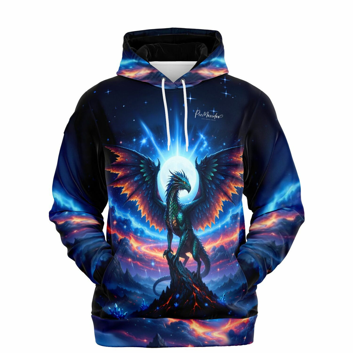 Dreamer Hoodie Aetherion mit Drachen Motiv in leuchtenden Farben, ideal als ergänzendes Design zum Diamond Painting