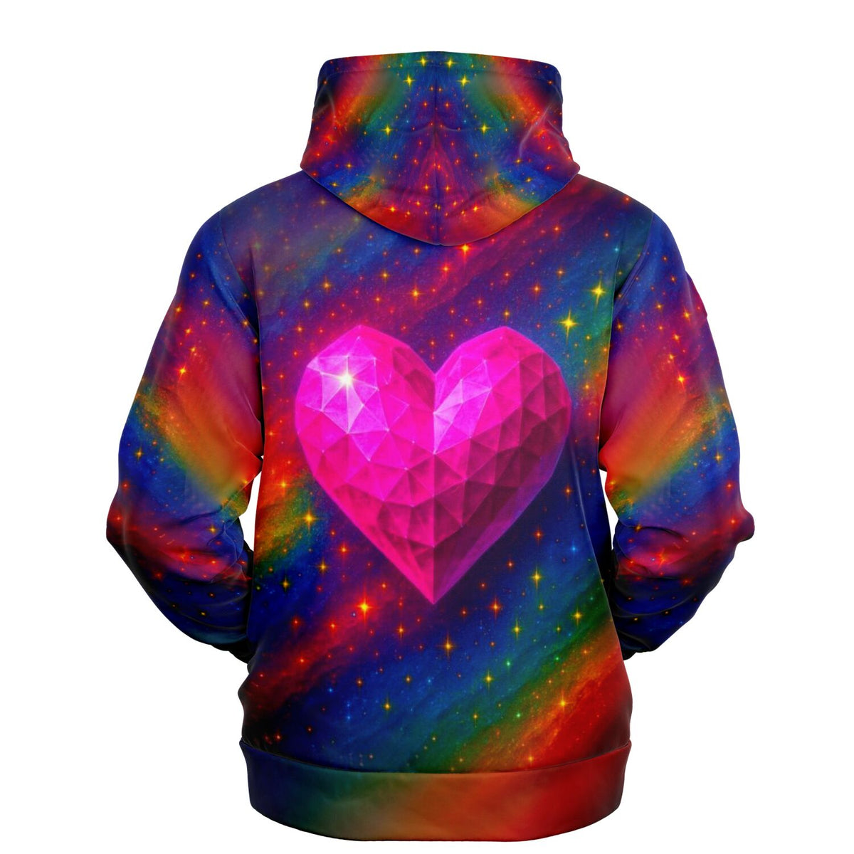 Hoodie mit leuchtendem Herzkristall im Diamond Painting Style auf buntem Galaxie-Hintergrund für Fans kreativer Kunst.