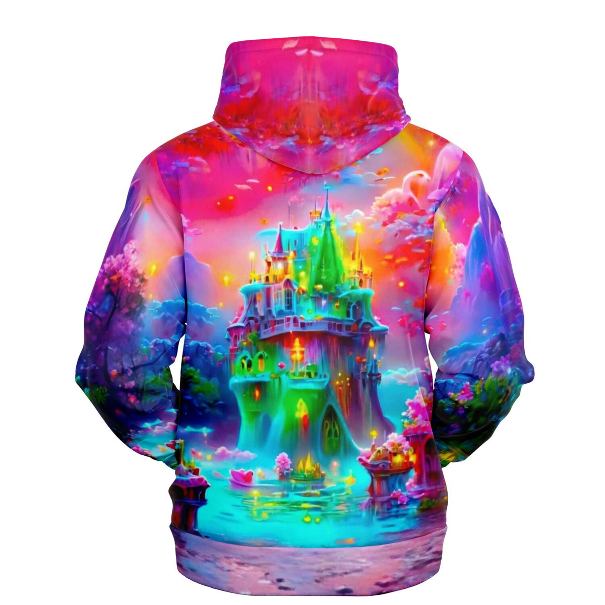 Hoodie mit buntem Schloss Motiv im Stil von Diamond Painting und Malen nach Zahlen Designs in leuchtenden Farben.