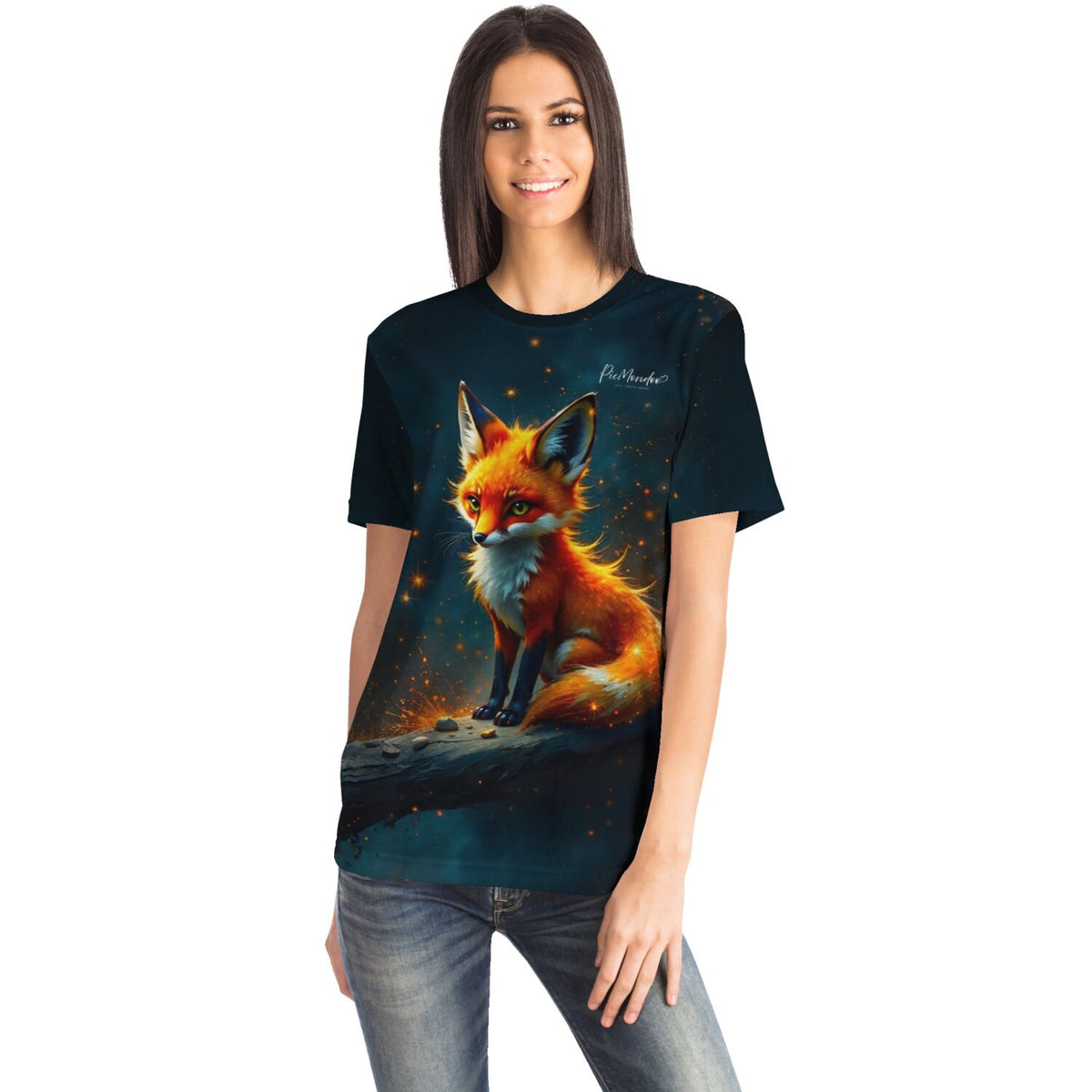 Frau trägt Dreamer T-Shirt mit leuchtendem Fuchs-Design im Stil von Diamond Painting und Malen nach Zahlen Motiven
