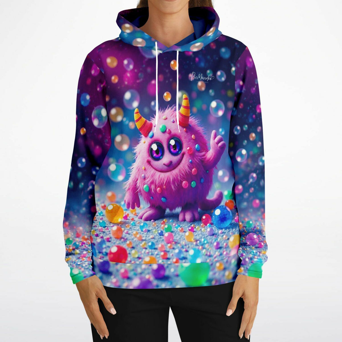 Dreamer Hoodie mit niedlichem pinken Monstermotiv, bunten Blasen und strahlender Diamond Painting Ästhetik