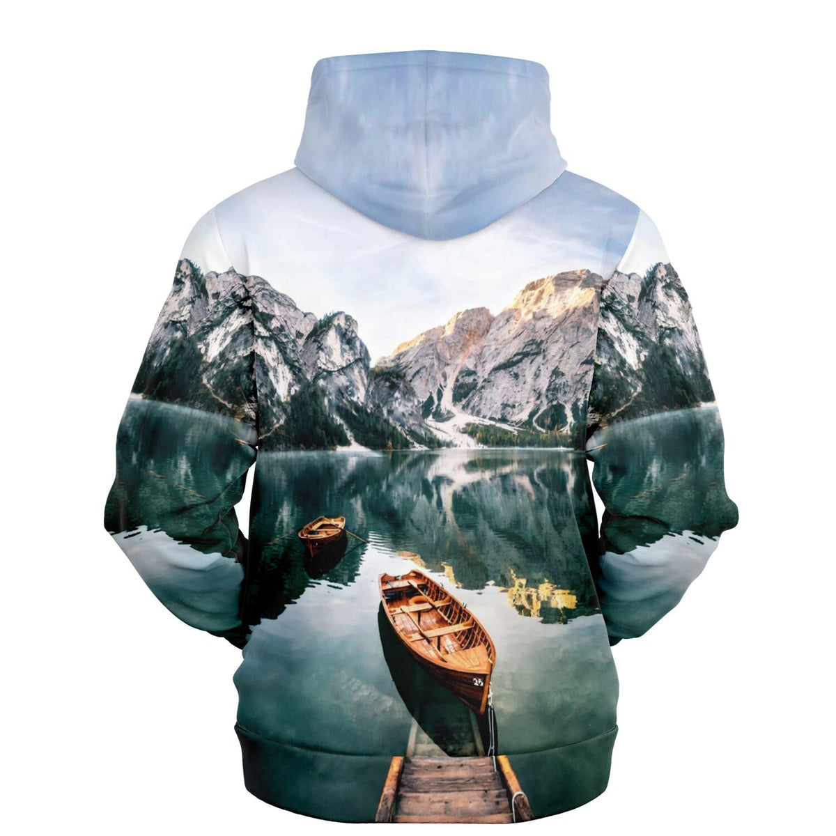 Dreamer Hoodie mit malerischem Bergsee-Motiv, inspiriert von Diamond Painting und Malen nach Zahlen Designwelten.