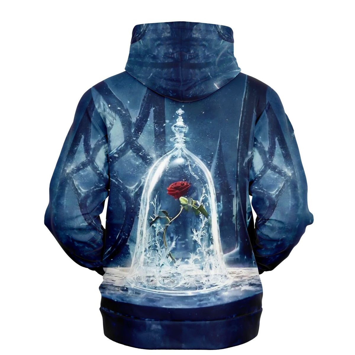 Dreamer Hoodie mit Motiv einer roten Rose im Wunderglas auf dunkelblauem Hintergrund, All-over-Print Design