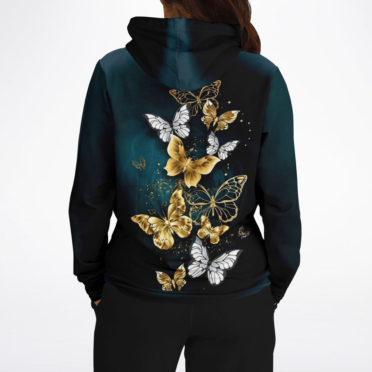 Dreamer Hoodie mit goldenen Schmetterlingen in detailliertem Kunststil, passend zu eleganten Diamond Painting Motiven
