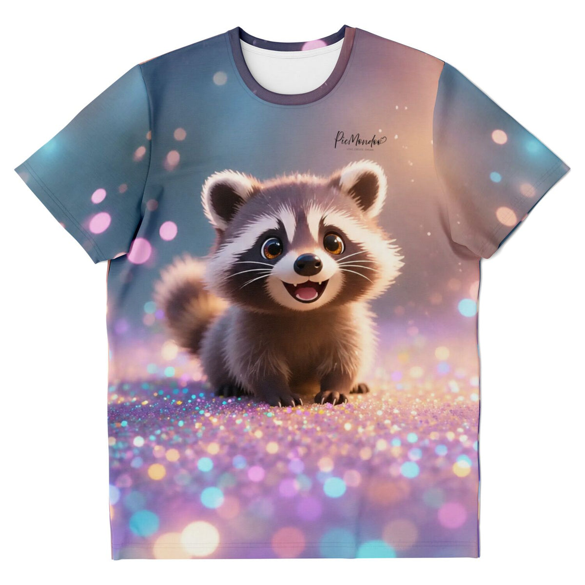 T-Shirt für DIY-Fans mit süßem Waschbär-Motiv im Diamond Painting und Malen nach Zahlen Stil auf glitzerndem Hintergrund