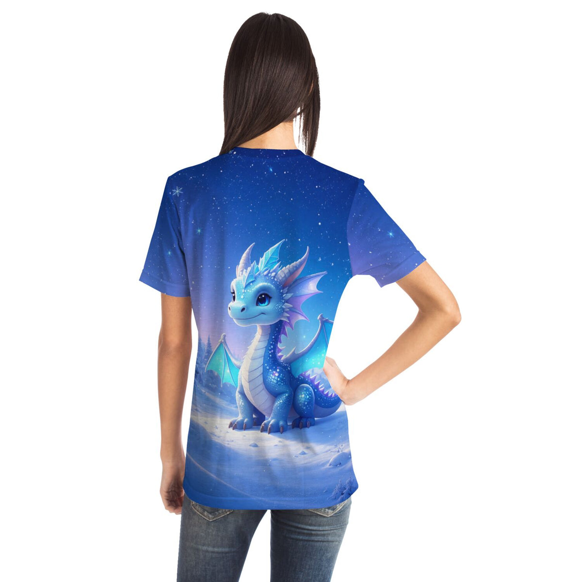 T-Shirt mit blauem Drache Motiv im Licht des Nordens Stil, inspiriert von Diamond Painting und Malen nach Zahlen Kunst