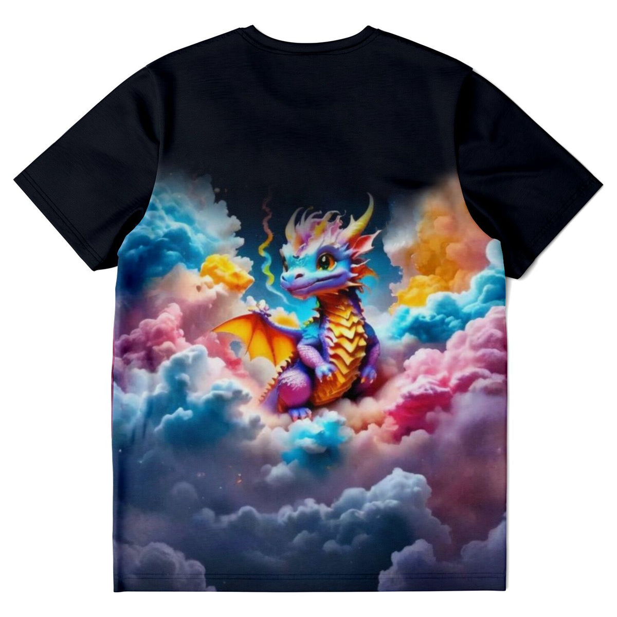 Schwarzes T-Shirt mit buntem Baby-Drachen Motiv in Wolken, inspiriert von Diamond Painting und Malen nach Zahlen Designs
