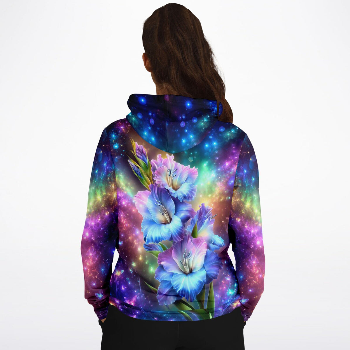 Dreamer Hoodie mit farbenfrohem Blumen-Motiv vor galaktischem Sternenhimmel im Stil von Diamond Painting Kunst