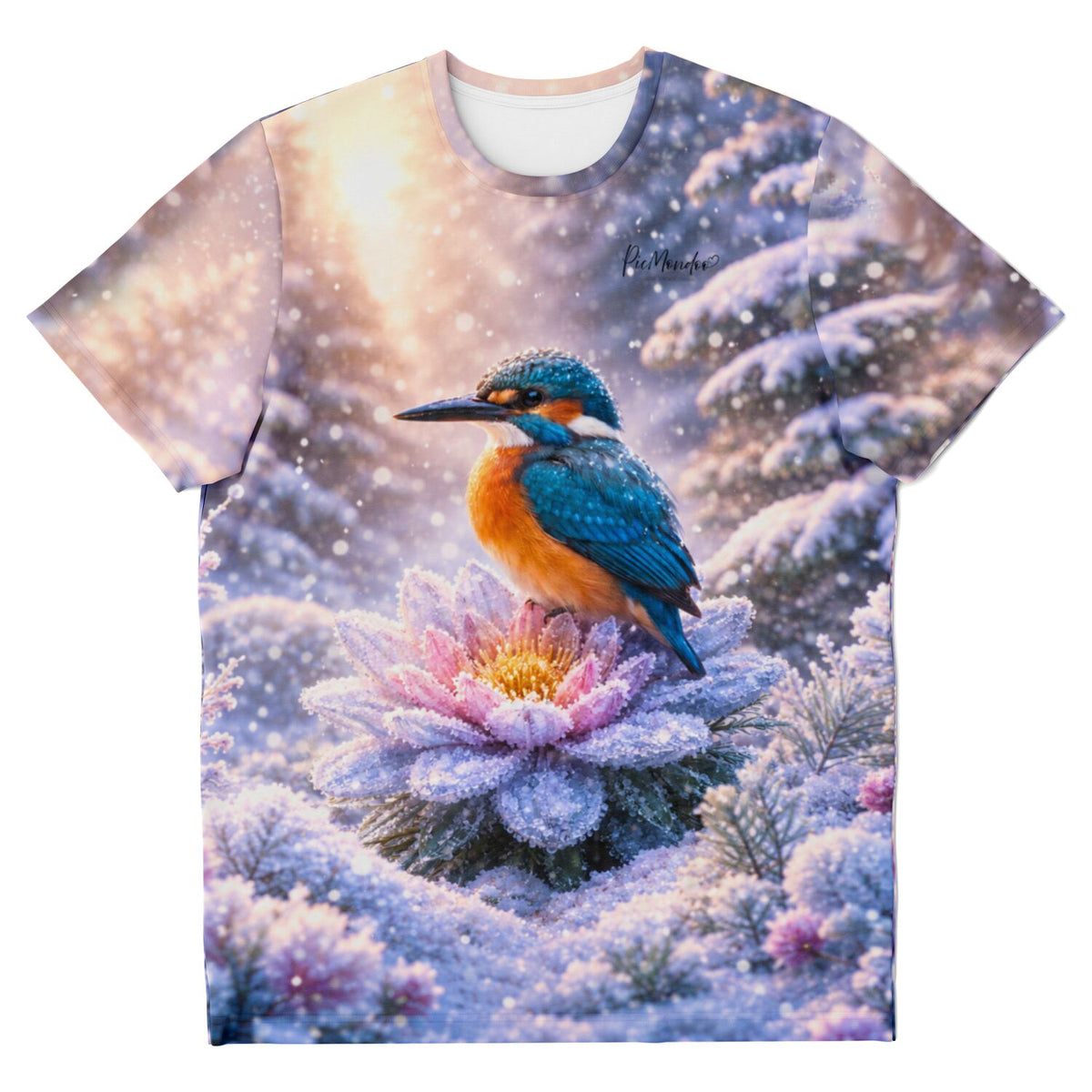 Dreamer T-Shirt mit Eisvogel auf frostiger Blüte im Winterwald, ideal für Fans von Diamond Painting und DIY-Kunstmotiven.