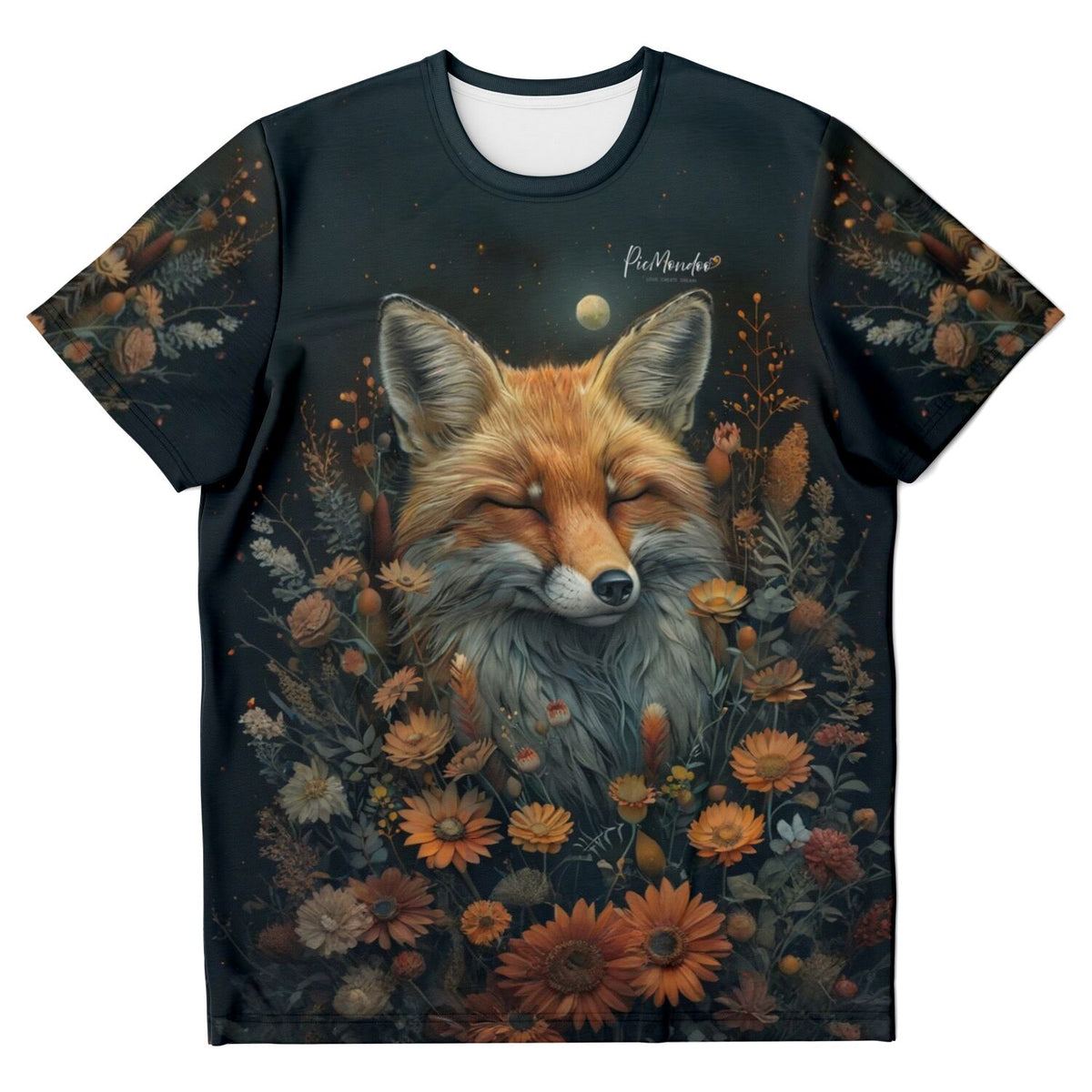 Schwarzes T-Shirt mit Foxy Dreams Motiv: Ein Fuchs umgeben von bunten Blumen, ideal für Diamond Painting Fans.