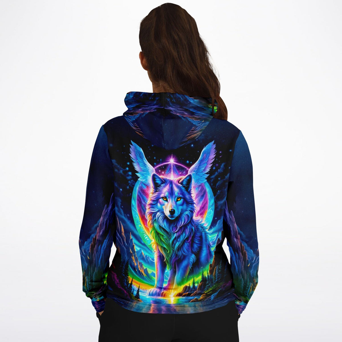 Hoodie mit Motiv Geflügelter Wächter, bunt leuchtender Wolf in Neonfarben für Fans von Malen nach Zahlen Designs