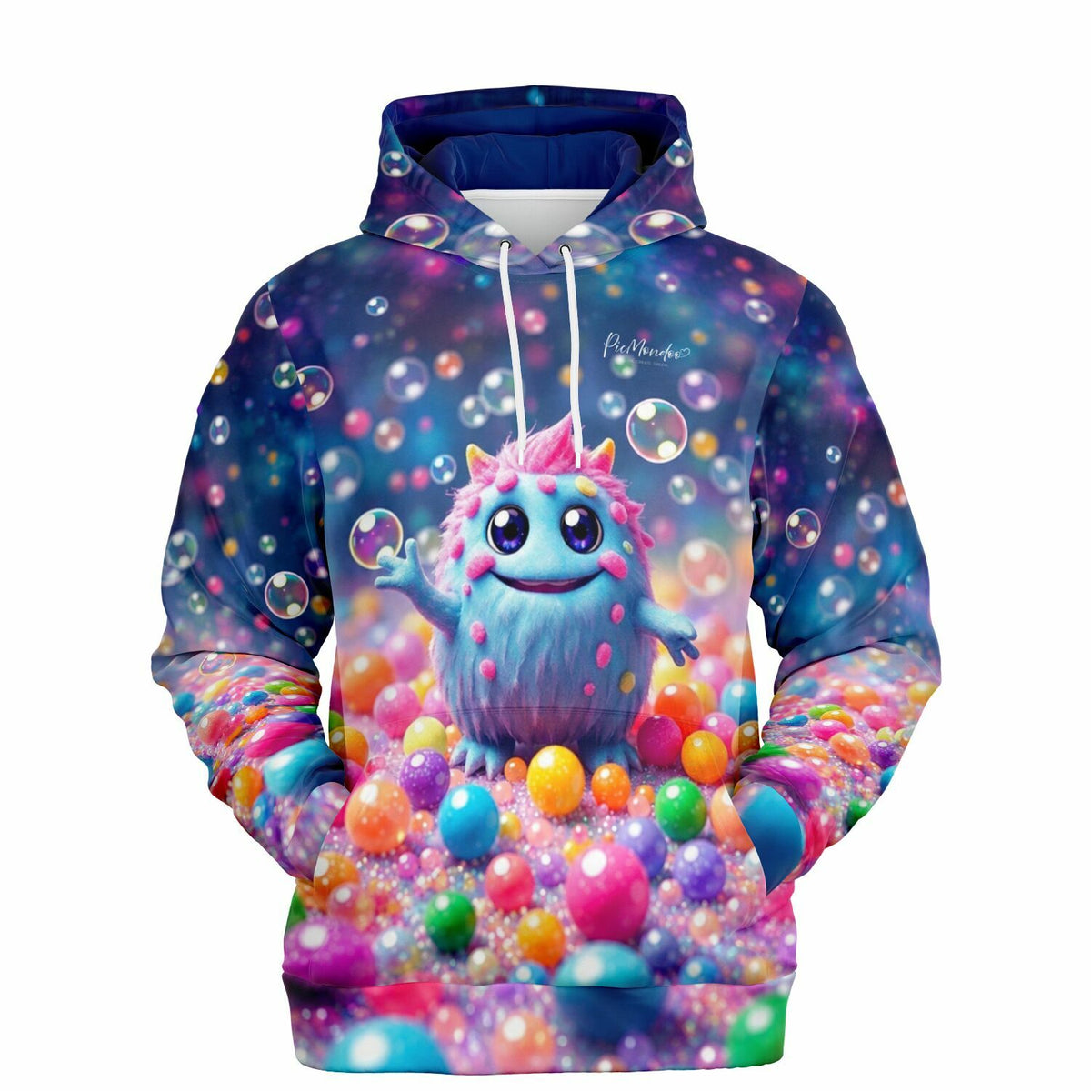 Bunter Dreamer Hoodie mit süßem Muffti-Monster im Bubble-Design, inspiriert von Diamond Painting und Malen nach Zahlen
