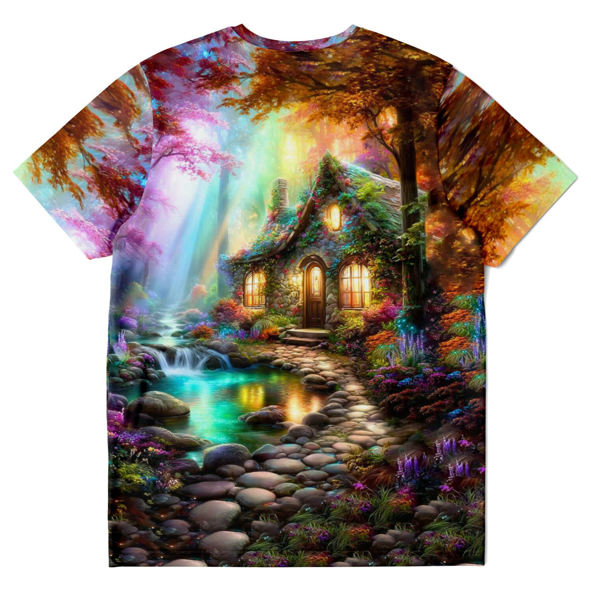 Dreamer T-Shirt mit märchenhaftem Waldhaus-Motiv, inspiriert von Diamond Painting Kunst und farbenfrohen Naturlandschaften