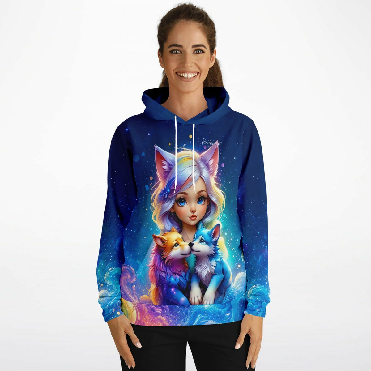 Dreamer Hoodie mit farbenfrohem Wolfsmädchen Finja Design, inspiriert von Diamond Painting und Malen nach Zahlen Motiven