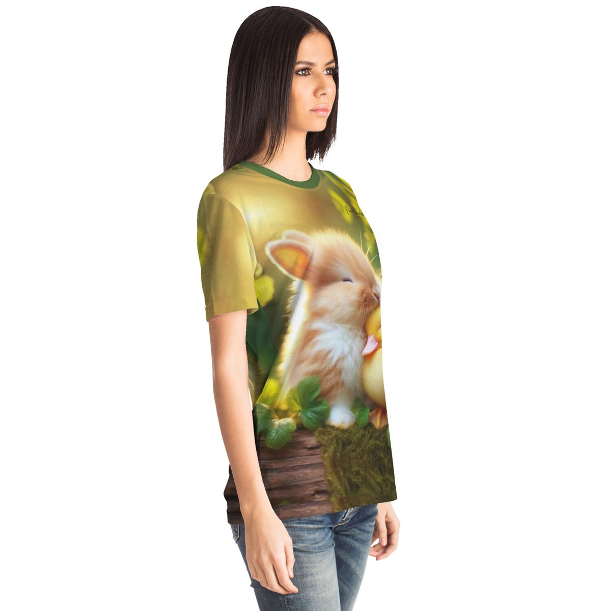 Frau trägt Dreamer T-Shirt mit süßem Häschen und Küken Motiv, inspiriert von Diamond Painting und Malen nach Zahlen