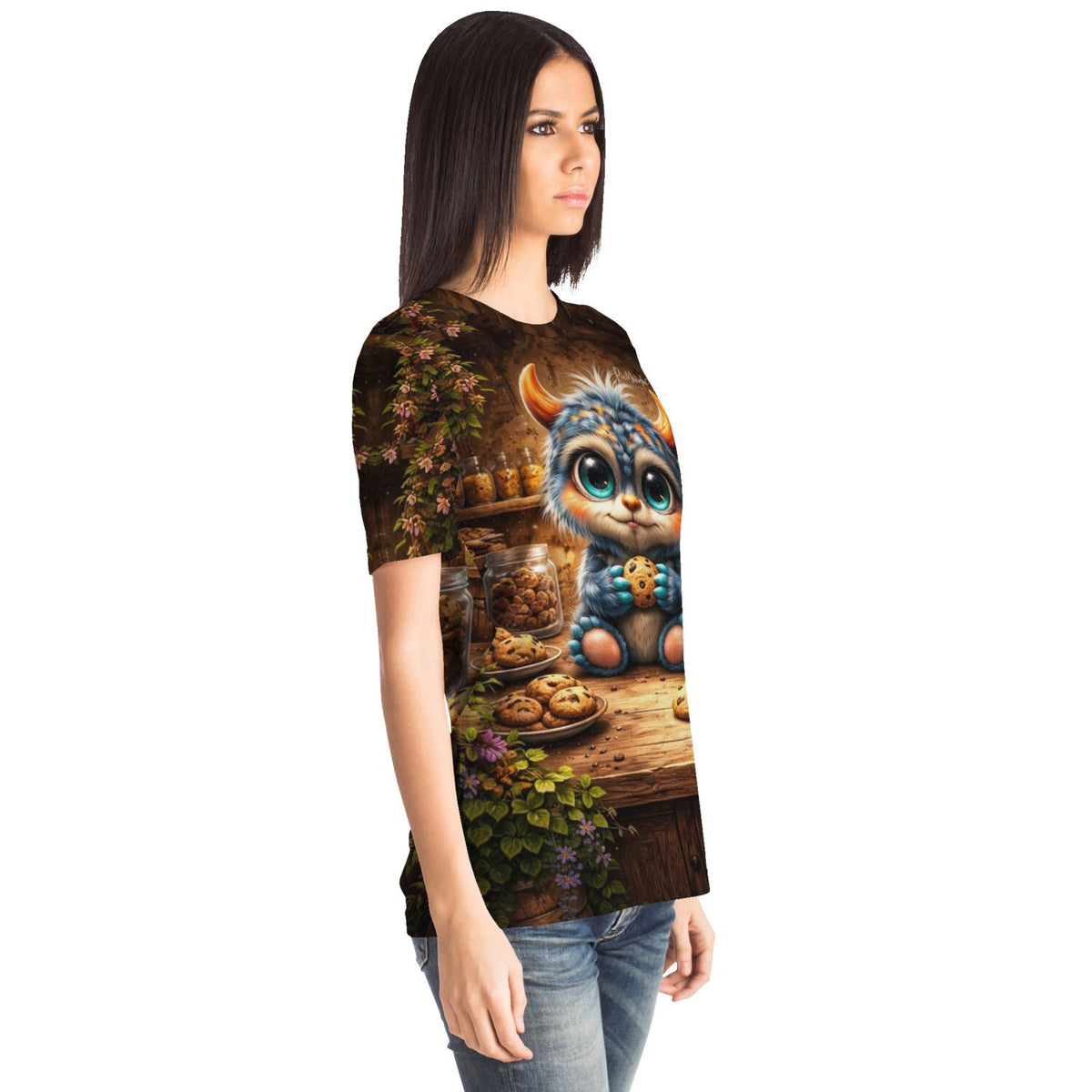 Frau trägt T-Shirt mit süßem Monster-Motiv und Keks-Design, inspiriert von Diamond Painting und Malen nach Zahlen Stil.