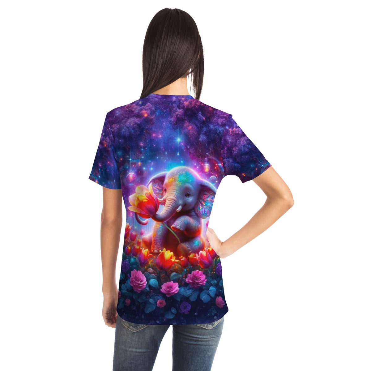 T-Shirt mit buntem Elefantenmädchen im Galaxie-Design, passend zum Stil von Malen nach Zahlen und Diamond Painting